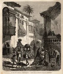 La casa de la Merced (now Mercy Street) in Saint Augustine, the oldest city in the United States, founded by the Spaniards in 1565; main street of the city, small and populous, with various animals and a singular blend of various American t