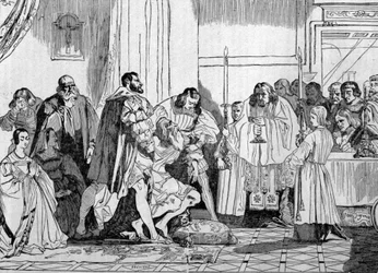 Leonardo da Vinci dying in the arms of Francois I (1494 - 1547) in 1519 at Clos Luce. Engraving.