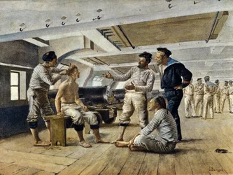 Life aboard a French warship: the ship barber shaves the sailors, c.1800