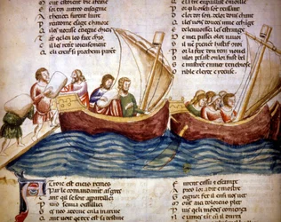 Loading cargo on board, late 13th century - Miniature from the “Roman de Troie” by Benoît de Sainte-Maure, 14th century - Biblioteca Marciana, Venice