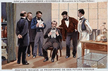 Louis Pasteur, a French scientist (1822-1895), indicated the program of his future work, surrounded by collaborators - chocolate advertising label of Aiguebelle, v. 1895