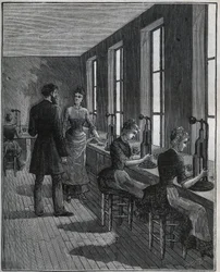 Manufacture of metal feathers: decoupage workshop in France in the 19th century. Engraving from 1885 in 