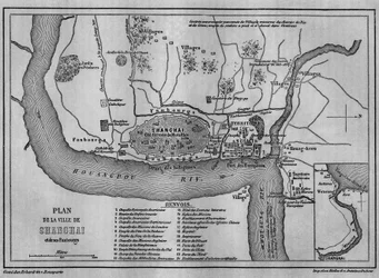 Map of Shanghai City in 1860, view of Chinese Old Town, and foreign concessions in 1860. Carte in 