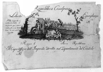 Map of the Cisalpine Republic, created by Napoleon Bonaparte on 27/06/1797 on the French model in Italy, which became the Italian Republic in 1802. The values of the French Republic are enshrined in it (Liberty, Equality). Engraving