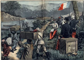 Marchand Mission in Africa (1896-1899): the expedition taking possession of the Upper Nile in 1898. Launch of the demountable steam 