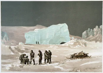 Men and sleigh on the ice - in "The shores of the polar sea, an Arctic expedition narration", by Dr. Edward Moos, Marcus Nard & Co, London