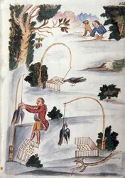 Method to catch birds in lasso, from the book "Trujillo del Peru" or "Códice Martínez Compañón", by Baltazar Martinez Compañón y Bujanda, bishop of Trujillo (1782-1785)
