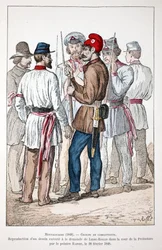 Montagnards (1848), a group of fighters, one of whom wears the Phrygian cap and the revolutionary cockade. Colour etching, reproduction of a drawing executed at the request of Alexandre Ledru-Rollin (1807-1874) in the courtyard
