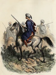 Moorish gendarmes (or field guards) in charge of the rural police of Algiers, trained in 1831. In “L