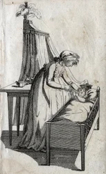 Mother and baby in a cradle. Engraving late 18th century. Private collection