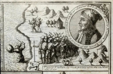 Nunez de Balboa, Vasco (1475-1517). English Discoverer and Conqueror. Spain. Spanish Colonization (1513). Vasco Nunez Taking Possession of the Southern Sea. Picture of 1728. Engraving.