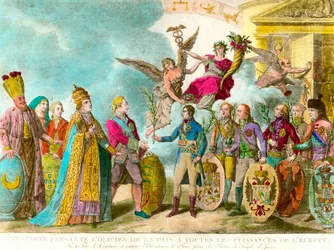 Napoleon Bonaparte presents the olive tree of peace to all the powers of Europe (Engraving)