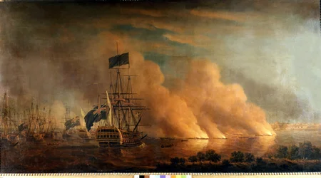 Night attack by the French brulots against the English fleet in the port of Quebec: taken by the English on 28/06/1759. Painting