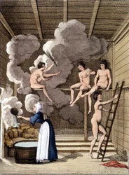 Nude figures in a Finnish sauna. Engraving from 1811 includes a book about the journey.