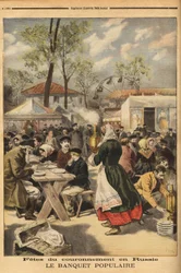 On the occasion of the coronation of Tsar Nicholas II, a popular banquet is offered to 500,000 Russians on the Khodynka manoeuvre field in Moscow, preceded by theatre performances. Engraving in "Le Petit Journal", 17/05/1896. Selva