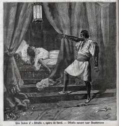 Othello has just killed Desdemona in her bed. Scene from the opera “Otello” by Giuseppe Verdi (1813-1901). Engraving in “Le Parisien”.
