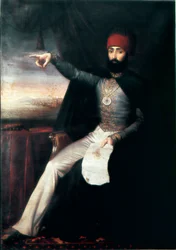 Ottoman Empire: Portrait of Sultan Mahmud II (1784-1839). He is depicted pointing his finger, perhaps to indicate the order to slaughter the Janissaries. Anonymous oil painting. 1808-1839, Istanbul, Topkapi Sarayi Museum, Turkey