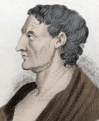 Portrait of Aristotle known as the Stagirite, in Greek Aristoteles, Greek Philosopher (384 BC to 322 BC). Engraving of the 19th Century