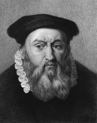 Portrait of Jean Calvin (1509 - 1564), French religious reformer and writer - in “Histoire des Français” by Lavallée, engraving