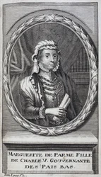 Portrait of Margarita of Parma, Duchess of Parma and Piacenza, natural daughter of Charles V and governess of the Netherlands from 1559-1581. Engraving to illustrate History of the War of Flanders, by Flamianus Strada, edition Joseph T