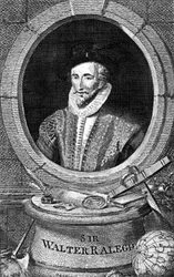 Portrait of Sir Walter Raleigh (1554 - 1618), English courtier, navigator, and writer. Engraving of the 18th century