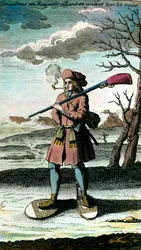 Portrait of a Canadian in snowshoes on the snow going to war