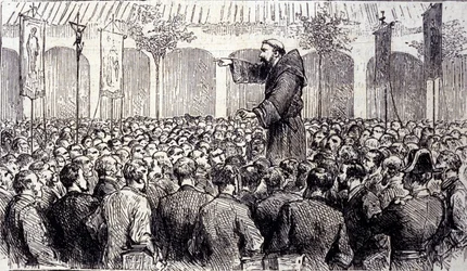 Predication of a Capuchin monk to the pilgrims who came to Lourdes in the High Pyrenees where the Virgin appeared to Bernadette Soubirous in 1858, present place of pilgrimage. Engraving from 1877