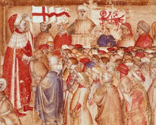 Presentation of the military flag to a prince of the family of the Carraresi, lords of the town of Padua. Miniature from 