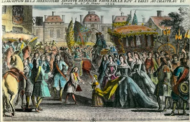 Reception of the Infante of Spain Marie Anne Victoire by King Louis XV in Paris at the Louvre on 2 March 1722