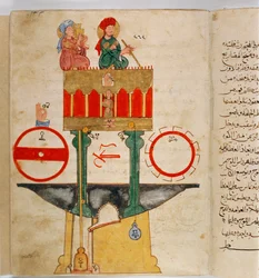 Representation of an instrument designed by Turkish engineer Ibn al-Rajjaj al-Jazari to measure blood quantity. Invention designed by Turkish engineer Ibn al-Rajjaj al-Jazari around 1203
