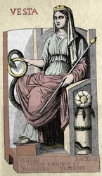 Representation of the Roman goddess Vesta, deity of the Penates, assimilated to Hestia, goddess of the hearth, the countryside and bread.