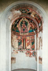 Representation of the Virgin and Child surrounded by the Magi Kings. Fresco from the central apse of the church of Santa Maria in Taüll. Around 1123. Barcelona. National Art Museum of Catalonia