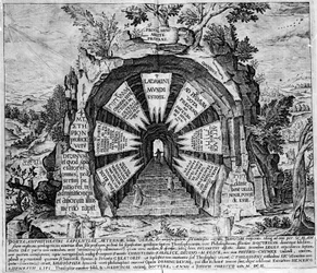Representation of the entrance of the House of Mysteres, symbolic of eternal life. Engraving of the 