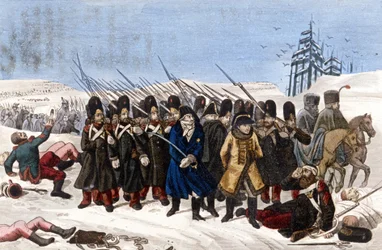 Retreat from the French Army of Moscow in 1812. Engraving 19th Century