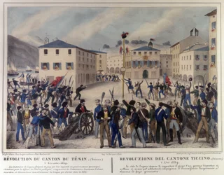 Revolution of the Canton of Ticino in Switzerland on 5 December 1859. Engraving of the 19th century