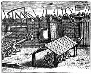 Roman warfare. Defenders attempting to disable battering rams