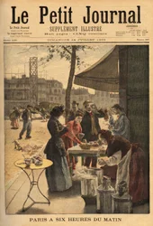 Saleswoman of soup and milk coffee, held under the cocheres doors at 6 am for the open-air breakfast of Parisian workers. Engraving in Le petit journal 14/07/1895. Selva