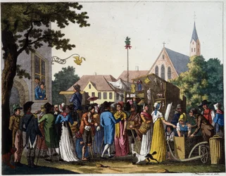 Scene of walking in the 18th century - engraving