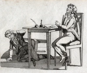 Schoolers have a table with inkcrib. Engraving late 18th century. Private collection.