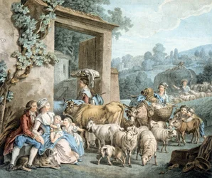 Shepherds and Sheep Flock in Front of a Farm