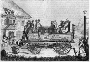 Steam car from Gurney experimented in London in 1827.