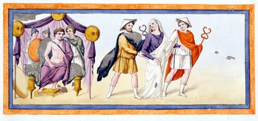 Talthybios and Eurybates take the virgin Briseis before Achilles, who stands in the tent of the Myrmidones. Iliad Chant I, v 345. Engraving from the end of the 18th century