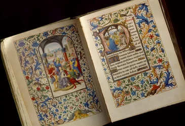 The Crowning with Thorns. Double page of an open manuscript of the “Book of Hours of Mary of Burgundy (1457-1482)” (Cod. 1857), late 15th century, Austrian National Library, Vienna