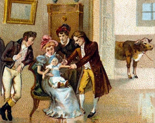 The English doctor Edward Jenner (1749-1823) inoculates smallpox on the arm of a boy to vaccinate him. The cow from which the serum was taken is at the bottom. Chromolithograph of the 19th century.