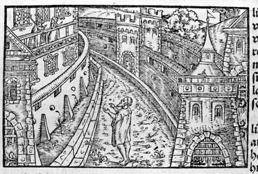 The Germanic Emperor Henry IV in Canossa. At the top left are the Countess Mathilde of Canossa and Pope Gregoire VII who had taken refuge in the castle. According to Johann Stum