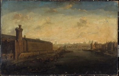 The Grande Galerie du Louvre, with the Porte Neuve, Pont-Neuf, Cité, Tour de Nesle and Quai Malaquais, circa 1640, present-day 1st and 6th arrondissements, between 1635 and 1645