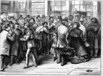 The Paris Commune in 1871. Passport verification by the federes (communards) of persons leaving Paris by the railways of the north.