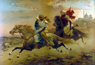 The abduction from the harem: two Moorish riders kidnap a young woman.