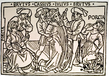 The assassination of Julius Caesar: he is stabbed by Brutus and Cassius while Porcia, Brutus