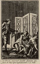 The baron surprises Candide giving a lesson in experimental physics to his daughter. Frontispiece for 